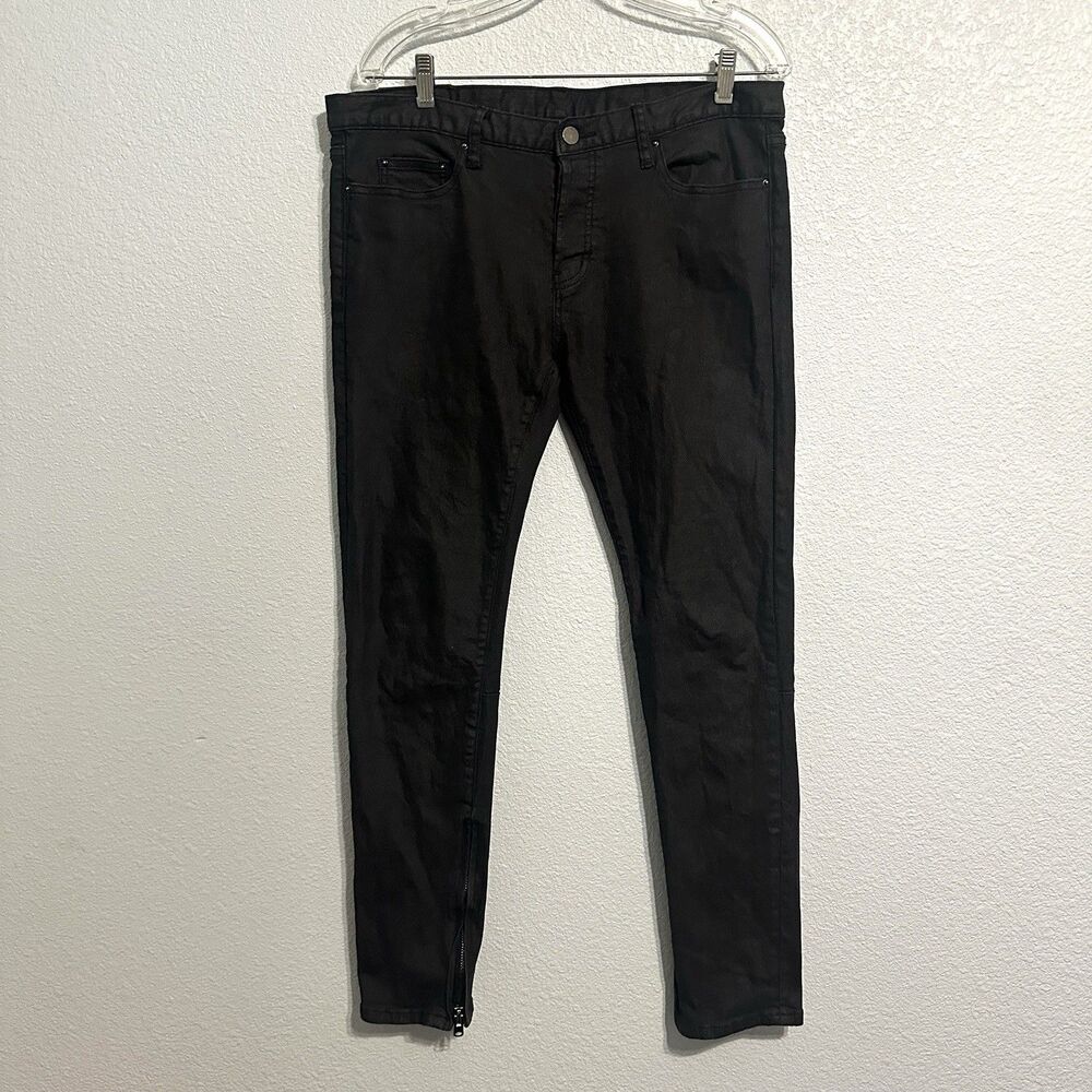 MNML Jeans Mens 36x31 Black Wax Coated Skinny Stretch Ankle Zippers Denim